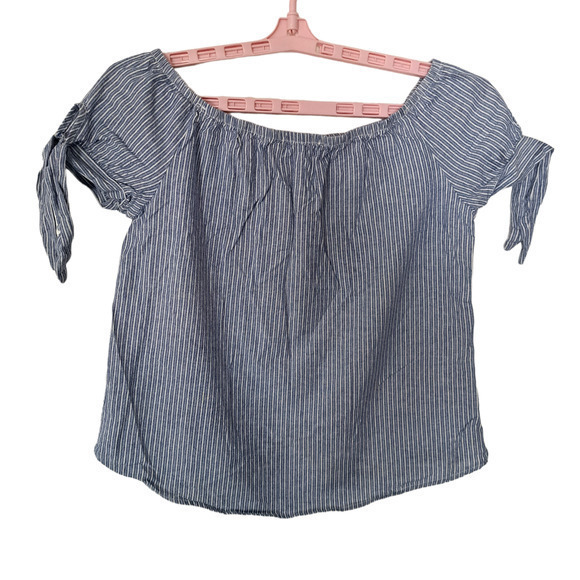 Papaya Short Sleeve Rose Patch Off the Shoulder Blouse Blue Striped size s - Picture 3 of 5